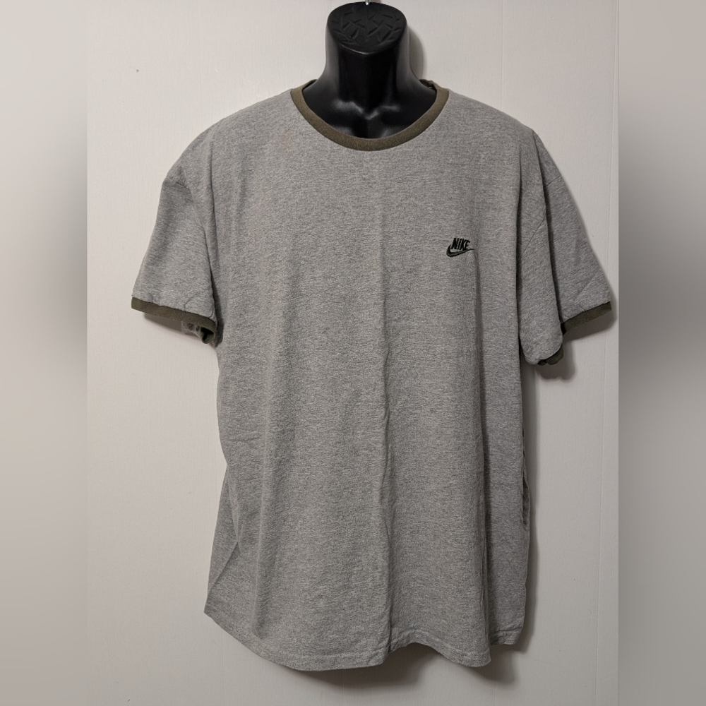 Men's Nike Y2K Vintage Ringer T-Shirt Nike Swoosh Logo Grey/Green Size XL